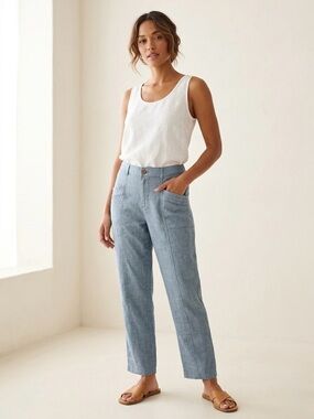 100% Linen High-Waisted Straight Leg Pants in Chambray Blue - Size M